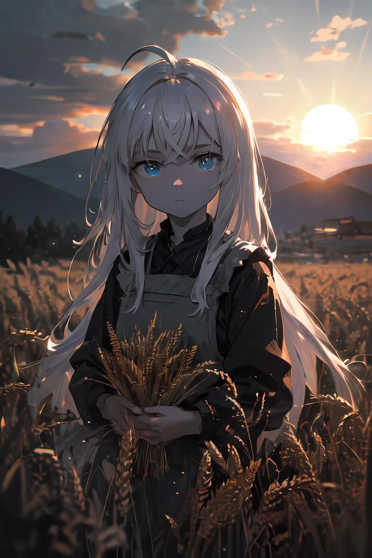 (masterpiece, cinematic composition, cinematic lighting, detailed background, bloom, shine, moody lighting), peasant girl working in the middle of a wheat field, white hair, ahoge, (absurdly long hair:1.2), pale skin, blue eyes, expressionless, looking at viewer, sun, clouds, bokeh, dust particles, tyndal effect