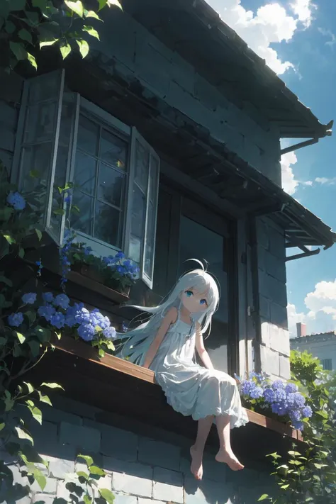 close-up, 1girl, expressionless, solo, backlighting, outdoors, ahoge, absurdly long hair, white hair, blue eyes, (dappled sunlight, high place, high up, sitting on windowsill, blue tone, cloud, from below:1.2), veranda, arm support, white sundress, hanging plant, (balcony, garden:1.2), railing, scenery, shiny, glowing, glass windows, blue flower bush, marble wall, sunbeam, giant glass window, alley, full body, (pale skin:0.8)