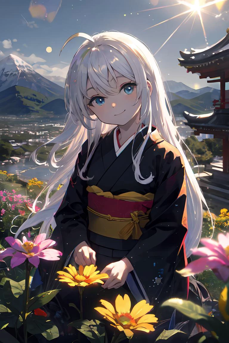 (masterpiece, detailed background, mountain scenery, colorful, vibrant, landscape, flowers), kimono, white hair, ahoge, (absurdly long hair:1.2), (pale skin:0.8), blue eyes, looking at viewer, tyndal effect, sunray streams, close-up, bokeh, lens flare, background japanese temple, headtilt, smile, <lora:GoodHands-vanilla:1>