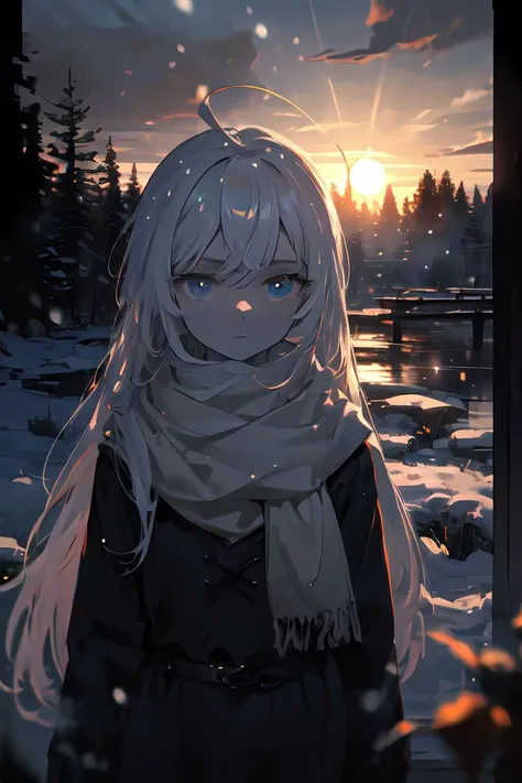 (masterpiece, cinematic composition, cinematic lighting, detailed background, bloom, shine, moody lighting), peasant girl, white hair, ahoge, (absurdly long hair:1.2), pale skin, blue eyes, expressionless, looking at viewer, setting sun, clouds, bokeh, dust particles, tyndal effect, winter, snow, scarf, snowing, fog breath