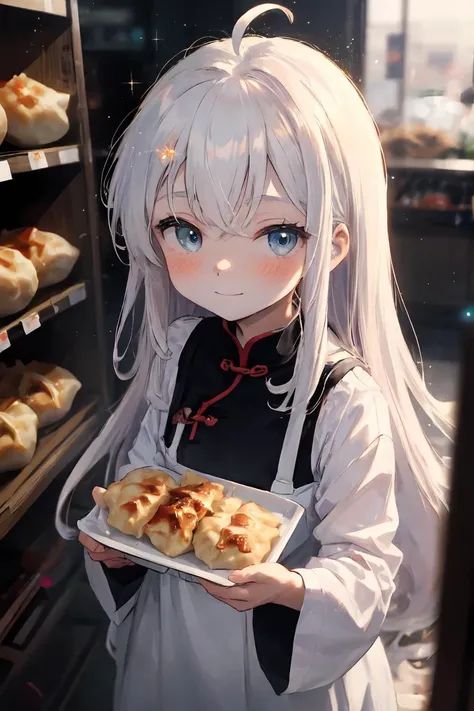 (best quality, high quality:1.3, cinematic, light particles, depth of field, detailed background), from above, upper body, 1girl, blush, shy, smile, white hair, absurdly long hair, ahoge, blue eyes, petite, cute, standing, looking at viewer, A girl in chinese supermarket gyoza dumplings jiaozi, (pale skin:0.9)