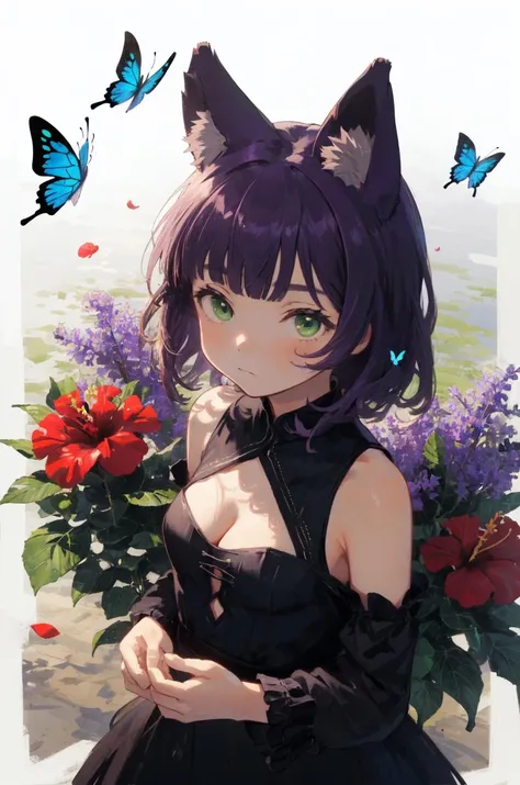 (best quality, high quality:1.4) (butterfly:1.2), hibiscus, (flowers, petals:1.2), garden, from above, upper body, 1girl, petite, cute, fox ears, purple hair, green eyes, blunt bangs, messy hair, medium hair, standing, frilled dress, bare shoulders, cleavage cutout, looking at viewer floating hair