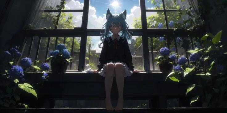 1girl, fox ears, smile, blush, (wavy hair, solo, very long hair, backlighting, outdoors:1.3), light blue hair, light blue eyes, (dappled sunlight, long eyelashes, high place, high up, sitting on windowsill, knees together feet apart, v arms, between legs, blue tone, cloud, from below:1.2), veranda, arm support, white sundress, light smile, happy, red lips, ribbon, curtains, hanging plant, vines, barefoot, BREAK (balcony, garden:1.2), railing, scenery, shiny, glowing, giant glass window, blue flower bush, BREAK marble wall, flower circle, blue flower vines, sculpture, engraving, sunbeam, giant glass window, alley, full body