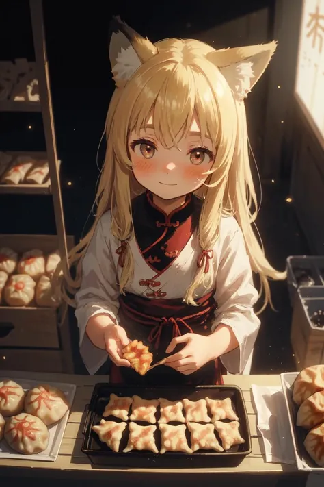 (best quality, high quality:1.3, cinematic, light particles, depth of field, detailed background), from above, upper body, 1girl, fox ears, blush, shy, smile, blonde hair, absurdly long hair, petite, cute, standing, looking at viewer, A girl in chinese supermarket gyoza dumplings jiaozi,