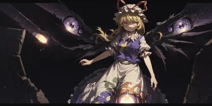 1girl, solo, yakumo_yukari, long hair, blonde hair, purple eyes, frayed hair, messy hair, sad, white dress, trigram, purple tabard (gap (touhou):1.3), multiple eyes, no headwear, (glowing eyes:1.2), tired, bags under eyes, portals, (detailed background:1.3)
