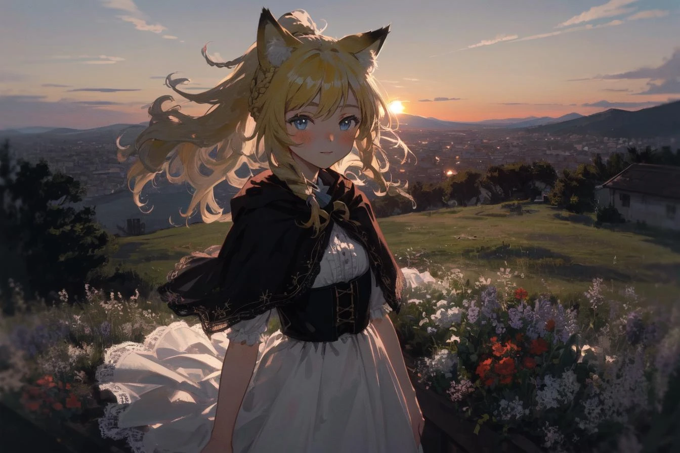 (masterpiece, best quality, detailed background, extremely detailed:1.4) BREAK 1girl, solo, yellow hair, fox ears, blue eyes, braid, long hair, wavy hair, fluffy hair, ponytail, french braid, blush, smile, capelet, lace trim, bodice, sunset, dusk, scenery, high place, horizon, wind, wind blow, flowerbed, looking at viewer, lips