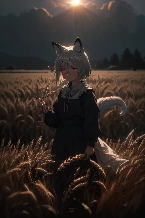 (masterpiece, cinematic composition, cinematic lighting, detailed background, bloom, shine, moody lighting),
(sad peasant woman working in the middle of a wheat field, fox ears)