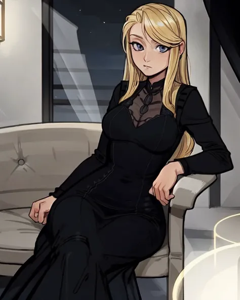 masterpiece, high quality, (high resolution:1.21), (detailed illustration), (2d), <lora:winryRockbell_v10:0.65>, blonde hair, round eyes, eyelashes, long straight hair, blue eyes, medium breasts, wide hips, (elegant black evening dress:1.35), (:>=:1.4), diffused lighting, sitting across from viewer, looking at viewer, carriage interior, (pixel-winry), caustics, (HDR), <lora:animeCharacterDesignICS_icsAnythingV3Lora:0.55>, <lora:retroAvas_v10:0.45>