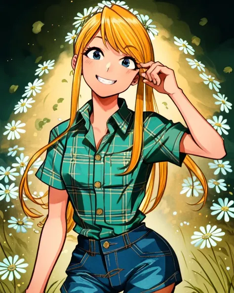 masterpiece, high quality, (high resolution:1.21), (detailed illustration), (2d), <lora:khyleLORA9mb_v1:0.5>, <lora:Harusameriburo style v1:0.5>, <lora:winryRockbell_v10:0.65>, blonde hair, round eyes, eyelashes, long straight hair, blue eyes, medium breasts, wide hips, (green flannel button down shirt:1.35), (open daisy dukes:1.4), grin, diffused lighting, looking at viewer, city park, (pixel-winry), caustics, (HDR)