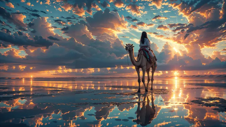xuer riding camel,sky,scenery,cloud,sunset,reflection,outdoors,solo,water,standing,cloudy sky,1girl,horizon,from behind,long hair,star \(sky\),