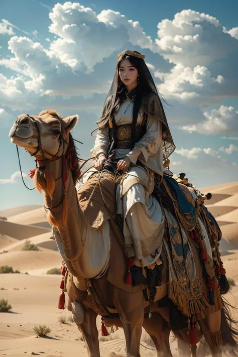 xuer riding camel, 1girl, desert, sky, day, cloud, solo, long hair, outdoors, black hair, veil, chinese clothes, jewelry,