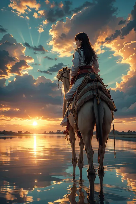 xuer riding camel,sky,scenery,cloud,sunset,reflection,outdoors,solo,water,standing,cloudy sky,1girl,horizon,from behind,long hair,star \(sky\),