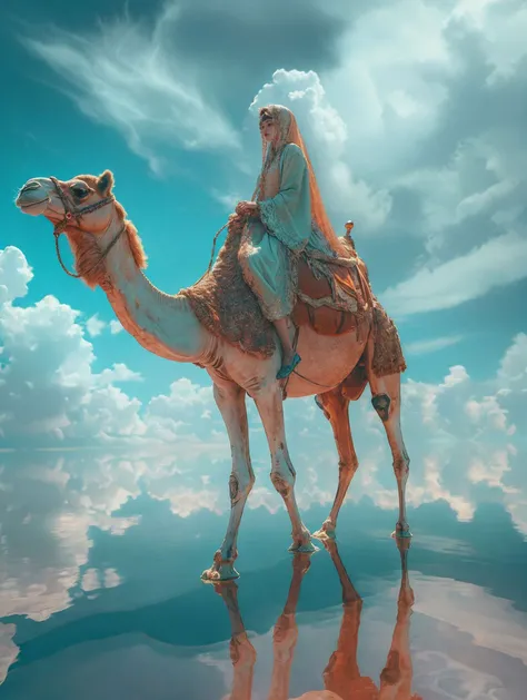 xuer riding camel,cloud,sky,1girl,long hair,reflection,day,solo,cloudy sky,outdoors,blue sky,scenery,(veil:1.3),(facing away:1.3),
<lora:~Q?-N xuer riding camel:0.8>,