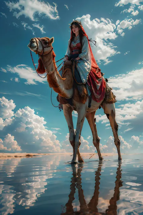 xuer riding camel,sky,cloud,reflection,outdoors,blue sky,cloudy sky,1girl,scenery,day,ripples,solo,water,reflective water,wide shot,
<lora:~Q?-N xuer riding camel:0.8>,