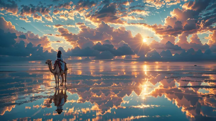 xuer riding camel,sky,scenery,cloud,sunset,reflection,outdoors,solo,water,standing,cloudy sky,1girl,horizon,from behind,long hair,star \(sky\),