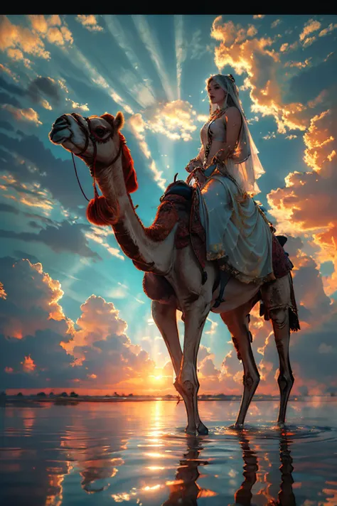 xuer riding camel,sky,reflection,cloud,scenery,water,outdoors,solo,sunset,from behind,cloudy sky,ripples,1other,hood,
medium_breasts,shiny skin,crescent choker,sunburst,bridal veil,desert,arabian clothes,cinematic lighting,(Transparent clothes:1.5),upper body,
<lora:~Q?-N xuer riding camel:0.8>,