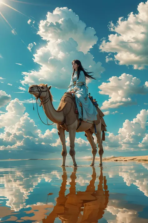 xuer riding camel,sky,cloud,reflection,outdoors,blue sky,cloudy sky,1girl,scenery,day,ripples,solo,water,reflective water,wide shot,