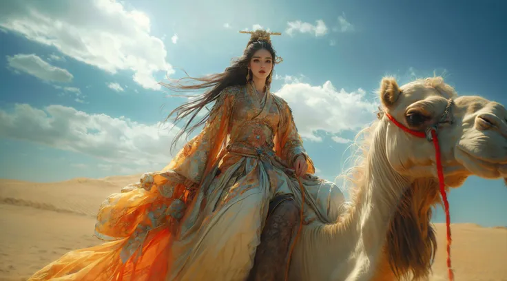 xuer riding camel,1girl,sky,long hair,cloud,black hair,day,hair ornament,chinese clothes,blue sky,outdoors,long sleeves,solo,desert,jewelry,forehead mark,
<lora:~Q?-N xuer riding camel:0.8>,