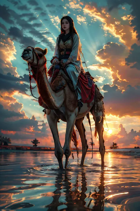 xuer riding camel,1girl,long hair,sunset,water,cloud,solo,sky,black hair,outdoors,reflection,
<lora:~Q?-N xuer riding camel:0.8>,