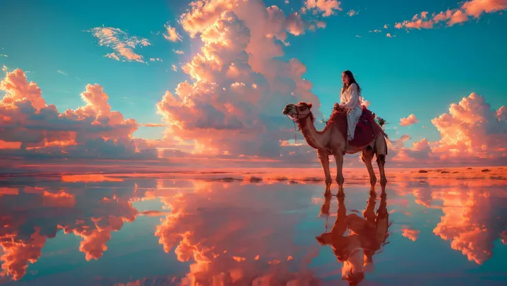 xuer riding camel,sky,cloud,reflection,outdoors,blue sky,cloudy sky,1girl,scenery,day,ripples,solo,water,reflective water,wide shot,
<lora:~Q?-N xuer riding camel:0.8>,