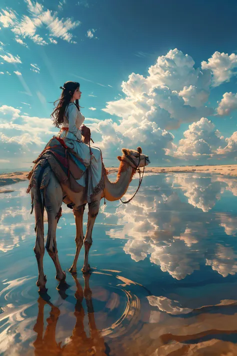 xuer riding camel,sky,cloud,reflection,outdoors,blue sky,cloudy sky,1girl,scenery,day,ripples,solo,water,reflective water,wide shot,
<lora:~Q?-N xuer riding camel:0.8>,