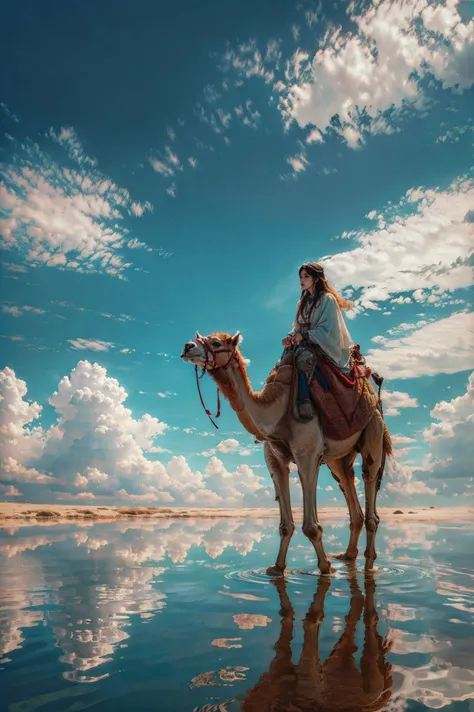 xuer riding camel,sky,cloud,reflection,outdoors,blue sky,cloudy sky,1girl,scenery,day,ripples,solo,water,reflective water,wide shot,
<lora:~Q?-N xuer riding camel:0.8>,