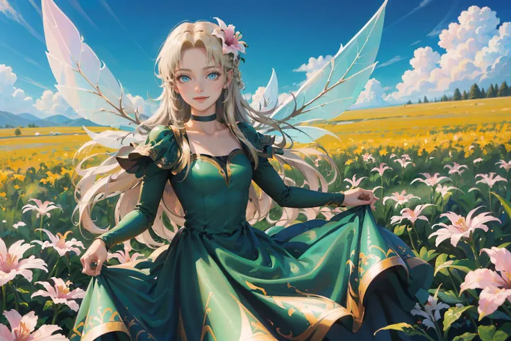 <lora:TitaniaNew:1>, titaniasmt, green dress, hair flower, choker, fairy wings,
masterpiece, best quality, absurdres, beautiful, smile, field of flowers, blue sky, looking at viewer