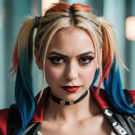 High res closeup portrait photo of an actress dressed as Harley Quinn, f /2.8, Canon, 85mm,cinematic, high quality, skin texture, looking at the camera, <lora:nidobrev_xl_1_standard_wo_cap_merger_15_63_79_04_03_03:1>