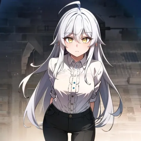 (masterpiece, best quality), intricate details,long hair, solo , shirt ,pants , 1girl , CielLion, white hair,ahoge, yellow eyes, (( facing viewer )),((( cowboy shot ))) <lora:CielLionhart-10:0.75>