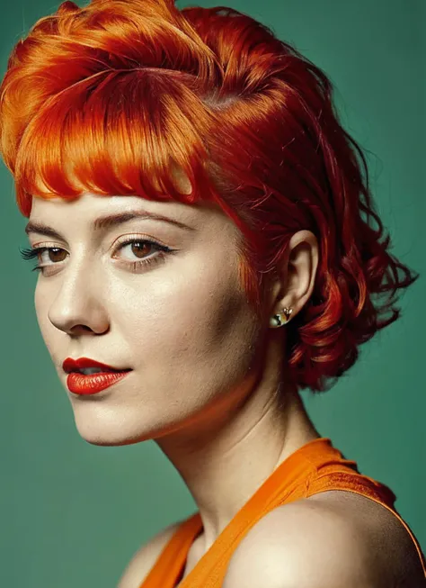 analog style, modelshoot style, portrait of sks woman by Flora Borsi, style by Flora Borsi, bold, bright colours, orange Mohawk haircut, ((Flora Borsi)), <lora:locon_maryelizabeth_v1_from_v1_64_32:1.25>