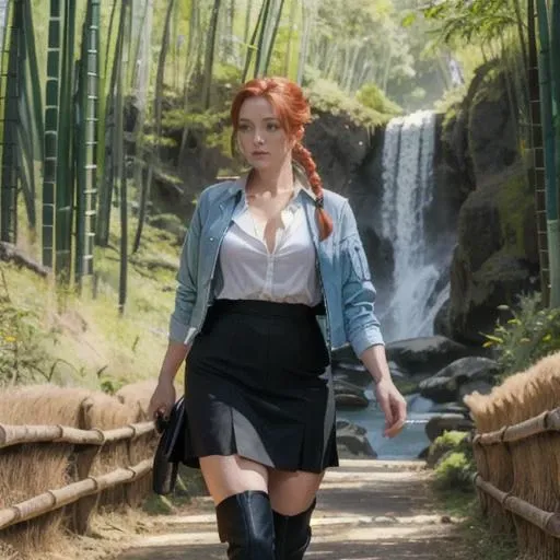 <lora:Milf:1>,mature female,late 30s,curvy,red head,braided ponytail,beautiful detailed face,light blue eyes,looking into the distance,thigh,open light jacket,plunging shirt neck line,length black skirt,knee high boots,full,<lora:GoodHands-vanilla:1>,body,walking through bamboo forest,mountains,waterfall,twilight,gentle breeze,150mm,dlrs,vibrant details,masterwork,best quality,masterpiece,Style-Spring,