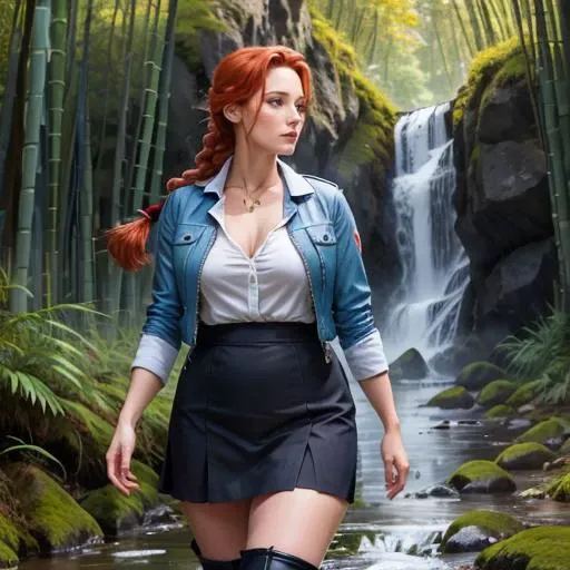 <lora:Milf:1>,mature female,late 30s,curvy,red head,braided ponytail,beautiful detailed face,light blue eyes,looking into the distance,thigh,open light jacket,plunging shirt neck line,length black skirt,knee high boots,full,<lora:GoodHands-vanilla:1>,body,walking through bamboo forest,mountains,waterfall,twilight,gentle breeze,150mm,dlrs,vibrant details,masterwork,best quality,masterpiece,Style-Spring,