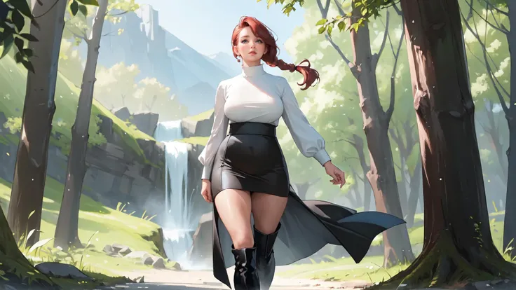 (full_shot:1.5),wide_shot,(solo:1.7),(adult:1.9),(mature woman:1.9),<lora:Milf:1.1>,milf,curvy,fair_skin,masterpiece,best quality:1.4,ultra-detailed,soft light,natural lighting,cinematic light,film grain,(depth of field),(detailed face, glossy lips, eyeliner)red head,braided ponytail,beautiful detailed face,light blue eyes,looking into the distance,thigh,white open blouse,plunging neck line,(thigh length black pleaded skirt:1.4),(black knee high boots:1.3),(full body:1.3),<lora:GoodHands-vanilla:1.1>,walking through forest,mountains,waterfall,twilight,gentle breeze,Style-Spring,150mm,dlrs,(vibrant details:1.1),(masterwork:1.1),(best quality:1.1),(masterpiece:1.1),