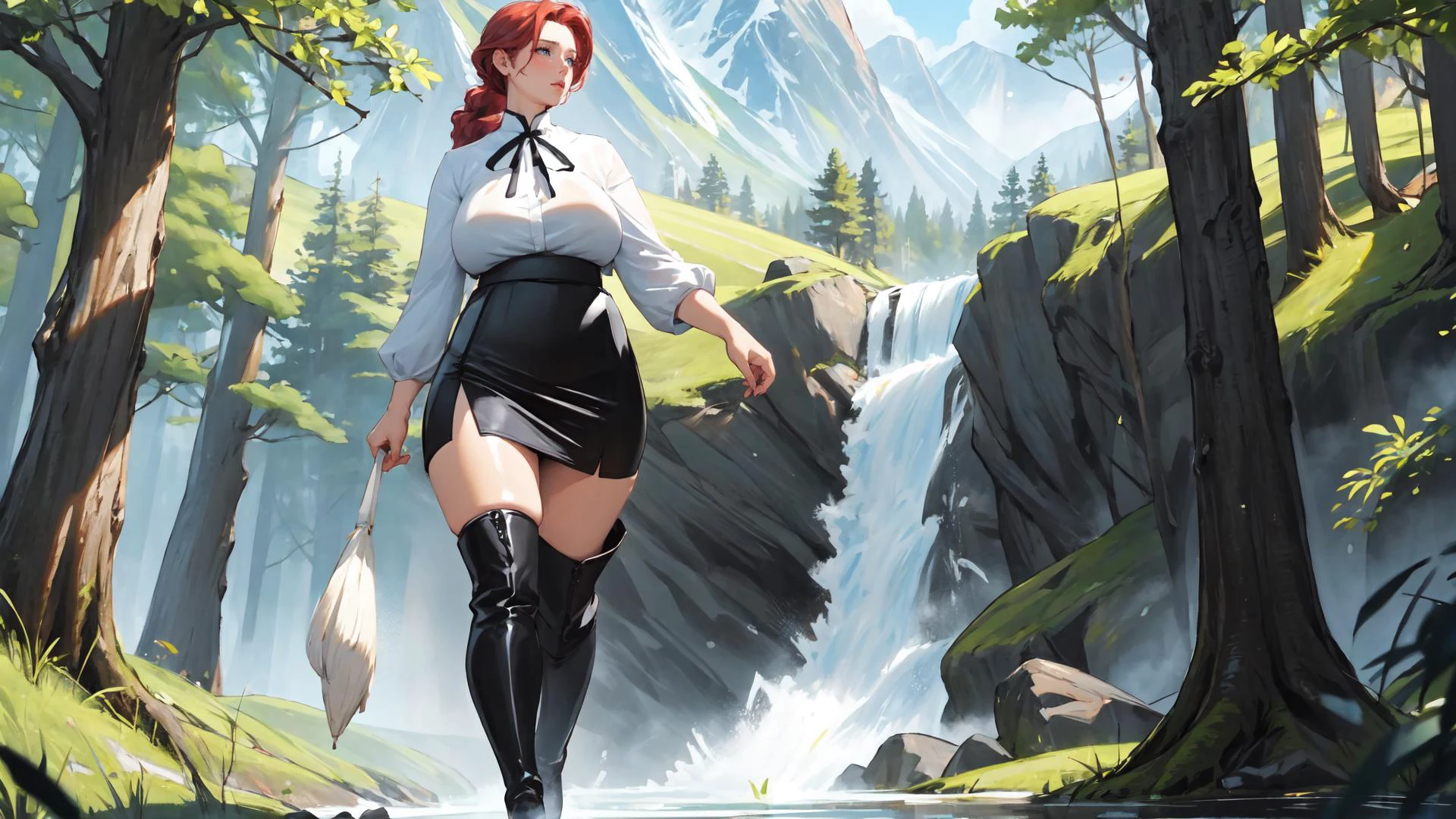 (full_shot:1.5),wide_shot,(solo:1.7),<lora:Milf:1.4>,(adult:1.6),(mature woman:1.3),fair_skin,(curvy:1.4),masterpiece,best quality:1.4,ultra-detailed,soft light,natural lighting,cinematic light,film grain,(depth of field),(detailed face, glossy lips, eyeliner)red head,braided ponytail,beautiful detailed face,light blue eyes,looking into the distance,thigh,white open blouse,plunging neck line,(thigh length black pleaded skirt:1.5),(knee high boots:1.3),(full body:1.3),<lora:GoodHands-vanilla:1>,walking through forest,mountains,waterfall,twilight,gentle breeze,Style-Spring,150mm,dlrs,vibrant details,masterwork,(best quality:1.1),masterpiece,<lora:38:0.6>,