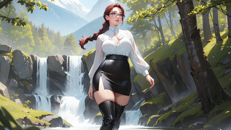 (full_shot:1.5),wide_shot,(solo:1.7),<lora:Milf:1.1>,(adult:1.6),(mature woman:1.4),fair_skin,(curvy:1.4),masterpiece,best quality:1.4,ultra-detailed,soft light,natural lighting,cinematic light,film grain,(depth of field),(detailed face, glossy lips, eyeliner)red head,glasses,braided ponytail,beautiful detailed face,light blue eyes,looking into the distance,thigh,white open blouse,plunging neck line,(thigh length black pleaded skirt:1.5),(knee high boots:1.3),(full body:1.3),<lora:GoodHands-vanilla:1>,walking through forest,mountains,waterfall,twilight,gentle breeze,Style-Spring,150mm,dlrs,vibrant details,masterwork,(best quality:1.1),masterpiece,