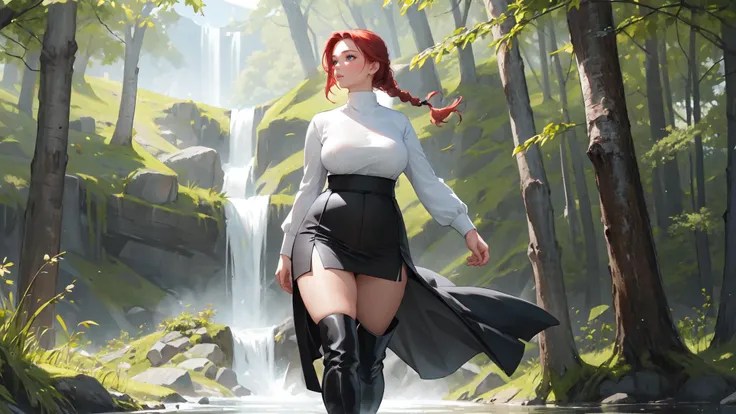 (full_shot:1.5),wide_shot,(solo:1.7),<lora:Milf:1.1>,(adult:1.6),(mature woman:1.4),fair_skin,(curvy:1.4),masterpiece,best quality:1.4,ultra-detailed,soft light,natural lighting,cinematic light,film grain,(depth of field),(detailed face, glossy lips, eyeliner)red head,braided ponytail,beautiful detailed face,light blue eyes,looking into the distance,thigh,white open blouse,plunging neck line,(thigh length black pleaded skirt:1.5),(knee high boots:1.3),(full body:1.3),<lora:GoodHands-vanilla:1>,walking through forest,mountains,waterfall,twilight,gentle breeze,Style-Spring,150mm,dlrs,vibrant details,masterwork,(best quality:1.1),masterpiece,