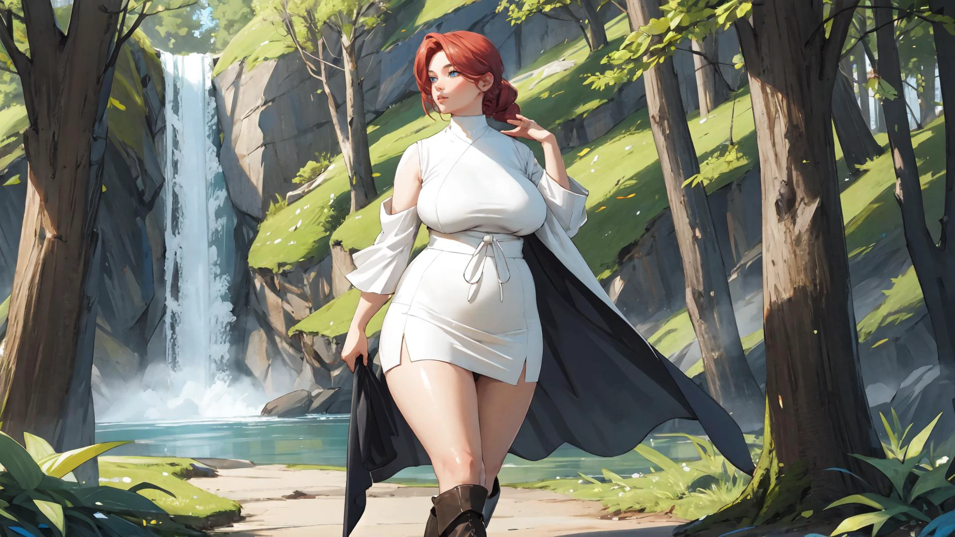 full_shot,wide_shot,(solo:1.6),<lora:Milf:1.5>,(adult:1.6),mature woman,fair_skin,(curvy:1.4),masterpiece,best quality:1.4,ultra-detailed,soft light,natural lighting,cinematic light,film grain,(depth of field),(detailed face, glossy lips, eyeliner)red head,braided ponytail,beautiful detailed face,light blue eyes,looking into the distance,thigh,white open blouse,plunging neck line,thigh length black pleaded skirt,knee high boots,full body,<lora:GoodHands-vanilla:1>,walking through forest,mountains,waterfall,twilight,gentle breeze,Style-Spring,150mm,dlrs,vibrant details,masterwork,best quality,masterpiece,<lora:38:0.6>,