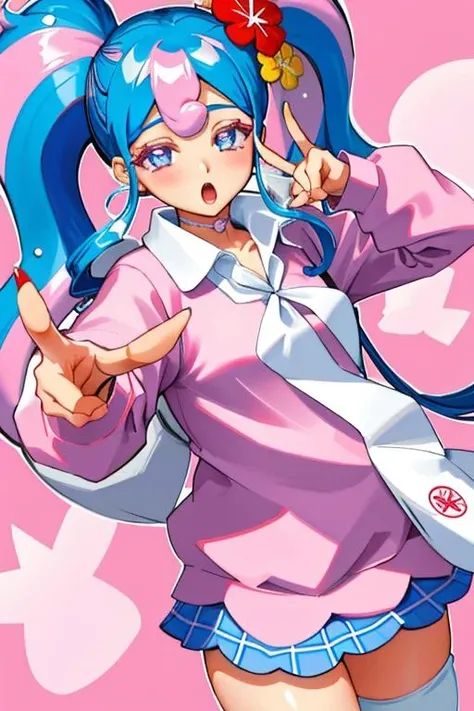 (masterpiece, best quality, highres, ultra detailed:1.2), (solo, 1girl, cowboy shot), fearimiku, hair flower, pink eyelashes, blue eyes, skirt, loose socks, shirt, pink nails, choker, holding pillow, BREAK, tired eyes, small mouth, (dynamic pose, sleepy, bed, blanket, pillow), (pink background)