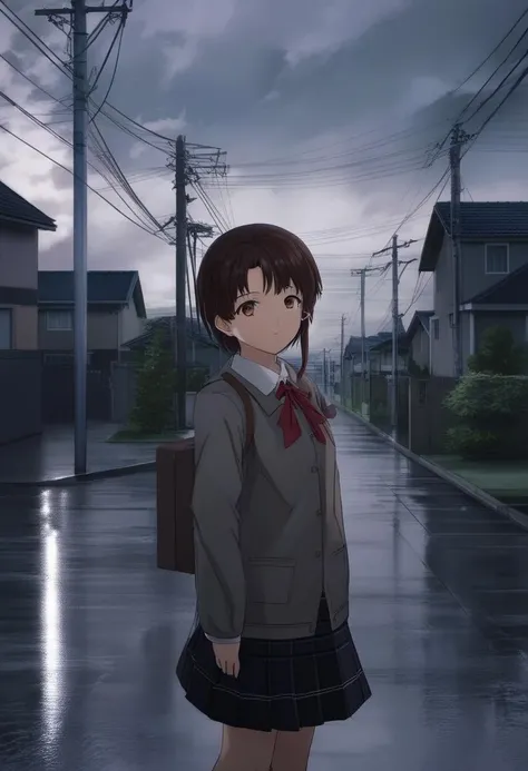 (exceptional, best aesthetic, new, newest, best quality, masterpiece, extremely detailed, anime, waifu:1.2),
1girl, iwakura lain, (brown eyes:1.3), schlain, school uniform, grey jacket, (red bowtie:0.8), outside, residential street, many utility pole with powerline, very dark cloudy sky
beautiful, high definition, 8k, 4k, natural skin, textured skin, pixiv, depth of field, cinematic compotision, best lighting <lora:lain_xl_cf_s-000019:1>