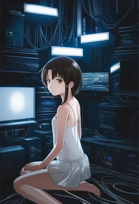 (exceptional, best aesthetic, new, newest, best quality, masterpiece, extremely detailed, anime, waifu:1.2),
1girl, iwakura lain, white camisole, cables on body, indoors, dark room, computers with crt
beautiful, high definition, 8k, 4k, natural skin, textured skin, pixiv, depth of field, cinematic compotision, best lighting <lora:lain_xl_cf_s-000019:1>