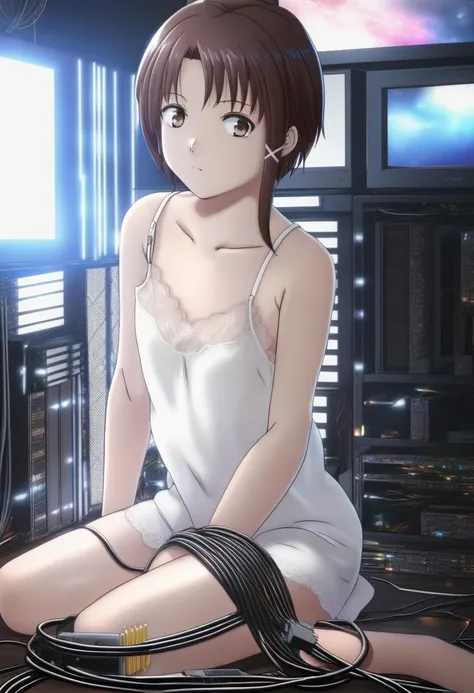 (exceptional, best aesthetic, new, newest, best quality, masterpiece, extremely detailed, anime, waifu:1.2), 
1girl, iwakura lain, white camisole, cables on body, indoors, dark room, computers with crt
beautiful,  high definition, 8k, 4k, natural skin, textured skin, pixiv, depth of field, cinematic compotision, best lighting <lora:lain_xl_cf_s-000019:1>