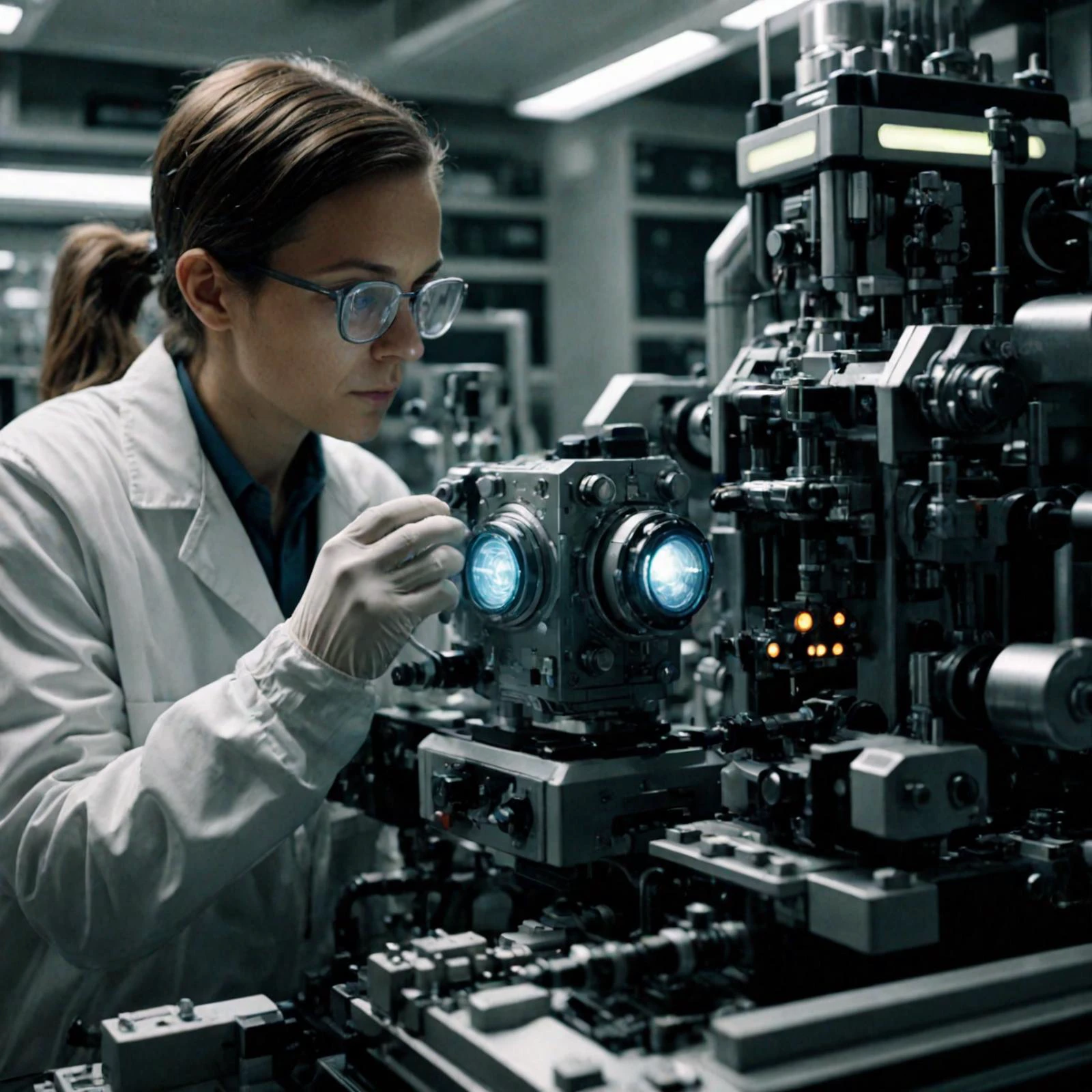 <lora:EnvyGreeblesXL01:1.4>scientist working on scifi device in clean and well lit laboratory, sharp focus, best quality