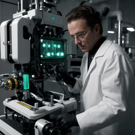 old male scientist working on scifi device in clean and well lit laboratory, device contains floating blob inside, absurdres, 8k, ultradetailed
