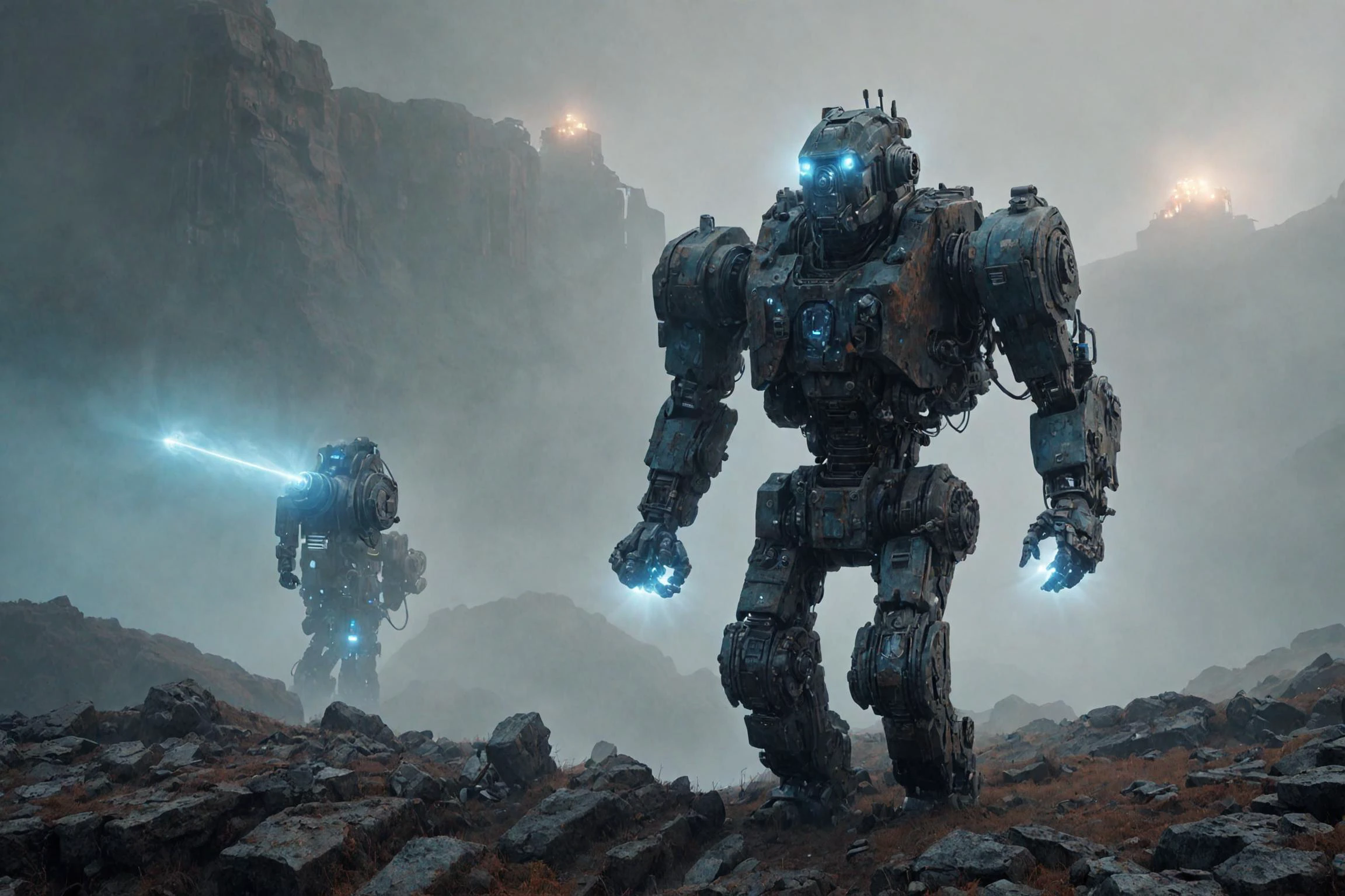 monumental cyborg walking through very heavy fog in mountain valley, rusted iron <lora:d\EnvyHazeSliderXL01:1.6> haze, BREAK
blue flash in background, lasers <lora:EnvyGreeblesXL01:1.3>