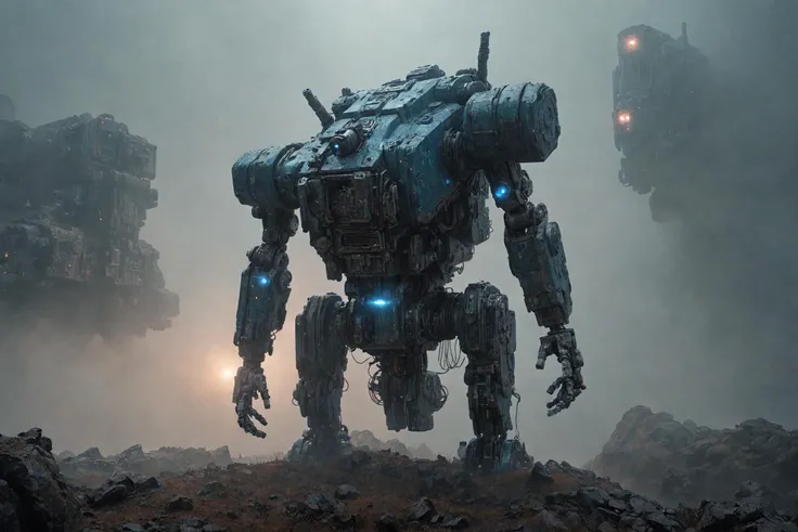 monumental cyborg walking through very heavy fog in mountain valley, rusted iron <lora:d\EnvyHazeSliderXL01:1.6> haze, BREAK
blue flash in background, lasers <lora:EnvyGreeblesXL01:1.3>