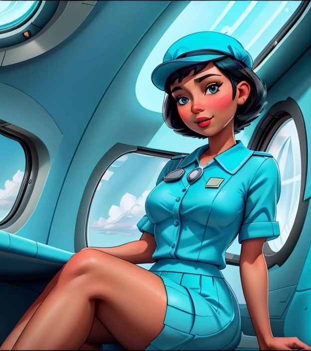 Bettyoc in her crisp light blue uniform, her short brunette hair catching the sunlight filtering through the window, finally sank into the jump seat. The pre-flight rush was a distant memory now, replaced by the gentle hum of the engines and the rhythmic swaying of the plane. Closing her blue eyes, she took a deep breath, the calming scent of lavender hand sanitizer lingering on her fingers, a faint echo of a hundred handshakes and countless reassuring smiles. <lora:BettyRubble_character:0.6>