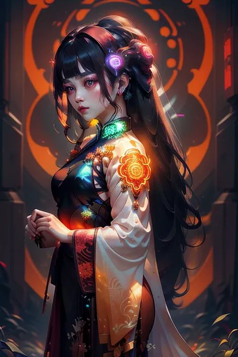 1girl in a mythical forest, masterpiece, perfect face, intricate details, horror theme, <lora:cyber_aodai:0.8> aodai cyber, neon, cyber, glowing