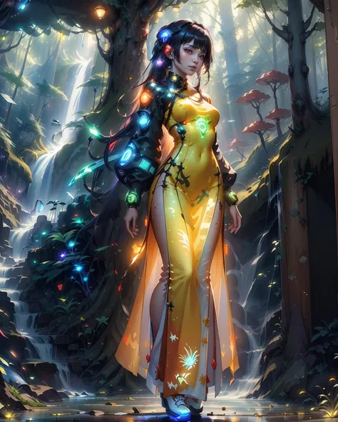 (masterpiece, ultra high res:1.6), 1 girl, solo, aodai cyber,long dress, neon, upperbody,  cyberpunk, (Light illuminating the face:1.4), highlight face, (mysterious forest, colorful waterfall:1.4), long dress, pants
<lora:3cyber_aodai-08:0.65>