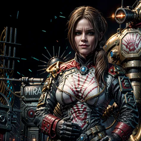 Generate a stunning art style, a true [masterpiece] [best quality] of art. The image showcases [detailed linework], [dynamic shading], and [dramatic lighting], bringing to life a [dreading atmosphere, grim dark coloures] . In the background a [command bridge, warhammer 40k] is to be seen in [grand:1.8, high-scale:1.8, panorama:1.8] from [from below]. An oppressive atmosphere prevails
LotaraSarrin,  solo is [full body view:1.5, charging forward, front view, evil grin ]. She  is wearing [,uniform,military uniform,jacket,brown hair,ponytail,epaulettes,long sleeves,pants,black gloves,blood,medium breasts] .
<lora:more_details:1>    <lora:LotaraSarrin:1>
