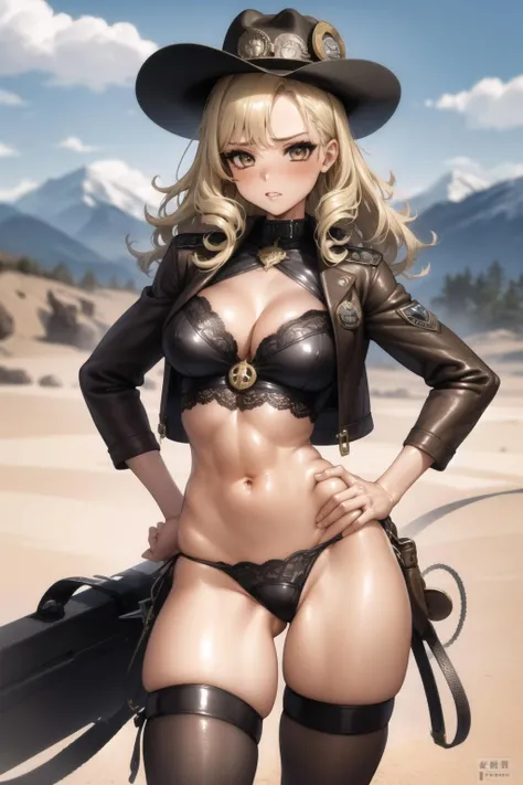 <lora:masamune_shirow_v0.5_065_v0.3_035:1>
1girl, blonde hair, curly hair, cowboy hat, cropped jacket, leather, brown jacket, cleavage, navel, bare legs, knee up, whip, panties, desert, mountain, thighhighs, lace trim, skindentation, sheriff badge, revolver, hand on hip, long hair, shiny skin,, masterpiece, best quality, highly detailed